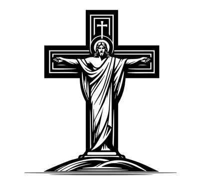recommend clip art: serene depiction of the crucifix with Jesus Christ, highlighting spiritual significance and devotion black vector