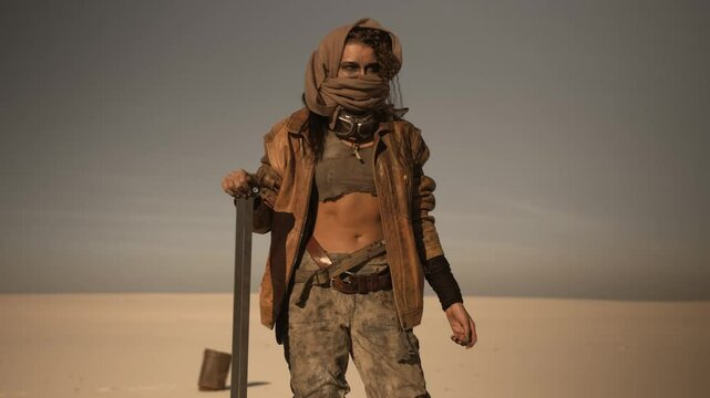 A fierce post-apocalyptic warrior woman stands in a desert wasteland, holding a weapon and wearing protective gear. Ideal for themes of survival, adventure, and dystopian scenarios in media and