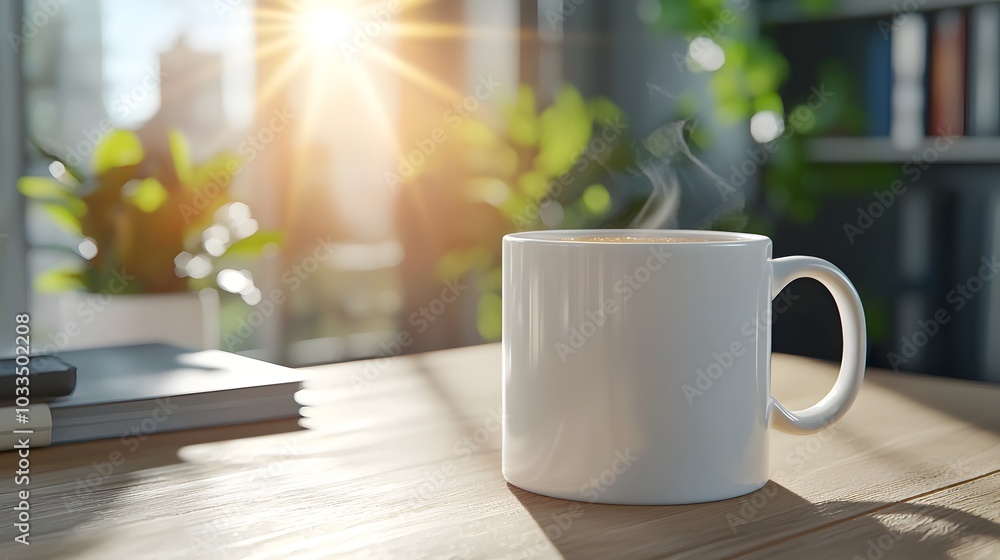 Poster minimalist 3d of a clean white ceramic mug placed on a table with a cozy peaceful background leaving