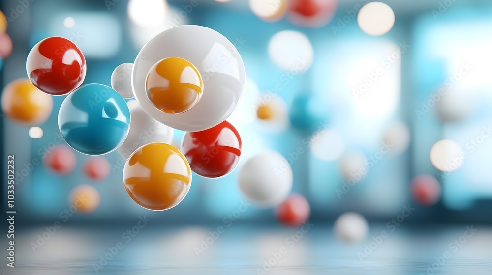 Poster colorful floating spheres suspended in a minimalist dreamlike 3d space composition with plenty of ro