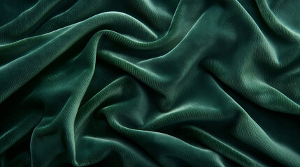 Fototapeta premium Green velvet texture draped in folds, showcasing a rich emerald color with soft light reflecting on the velvet texture, providing a photorealistic reference for design or fashion projects