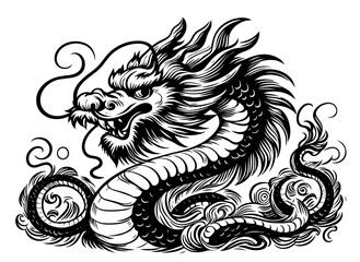 japanese dragon sketch in cartoon style with dynamic design in black vector