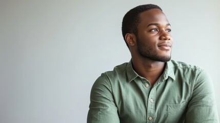 Obraz premium Portrait of a thoughtful African American man in his 30s wearing a green shirt, looking to the side in a serene and contemplative pose.