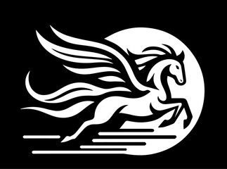 artistic representation of Pegasus in a minimalist logo style, capturing its grace and mythical essence black vector