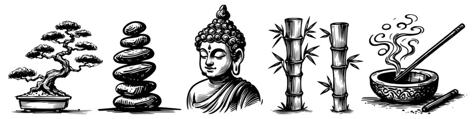japanese-inspired designs highlighting zen and meditation in black and white vector
