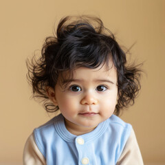Naklejka premium Middle Eastern infant with wispy dark hair wearing a blue shirt