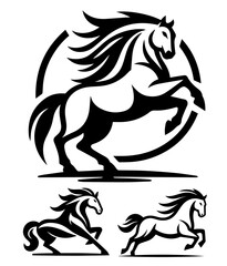 black shape horse logo in various poses, vector design
