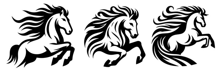 powerful horse logo design in multiple dynamic poses, black vector shape
