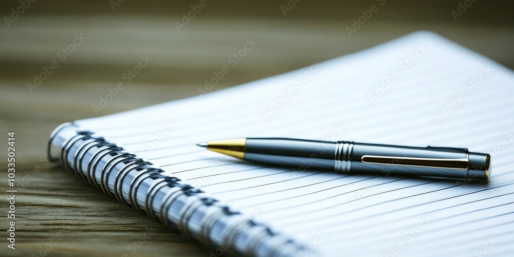 Aufkleber closeup of a notebook and pen on a wooden table.