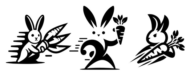 playful logo design featuring a superhero rabbit holding a carrot in a vibrant style black vector