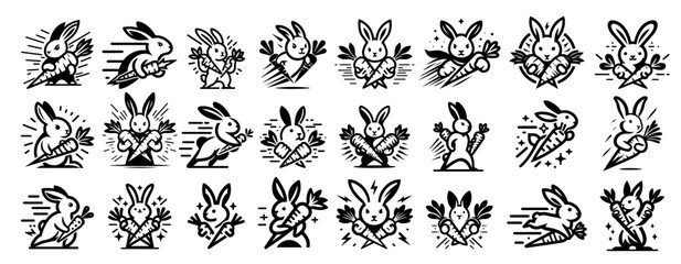Naklejka premium playful bunny logo with carrot in different action poses, cartoon design