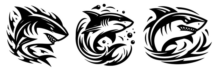 black vector shark designs in diverse action-packed logo poses