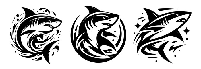sharks in multiple logo poses drawn in black vector style