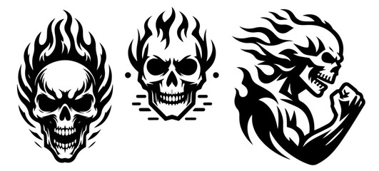 distinctive human skull logos in various styles and emotional expressions