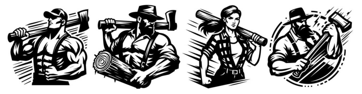 artistic line drawing of a lumberjack in action, showcasing strength and determination black vector