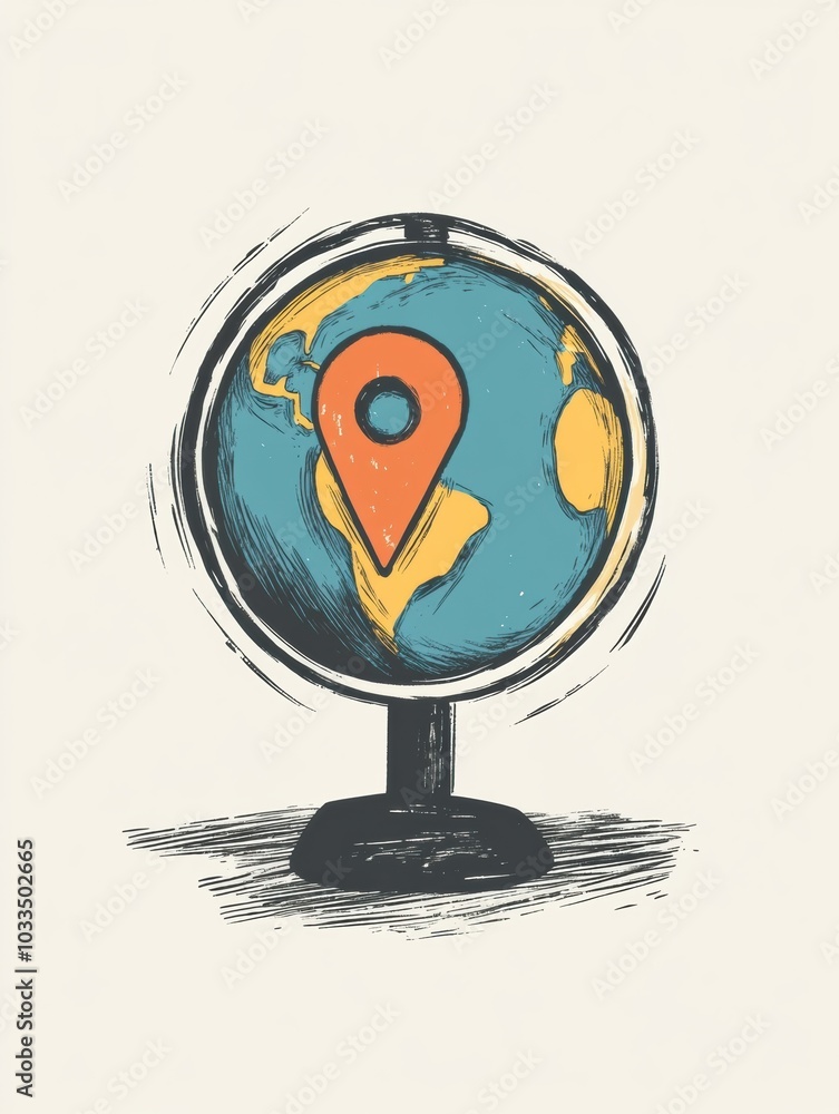 Poster a simple yet striking globe showcases a single location pin, marking a specific travel destination i