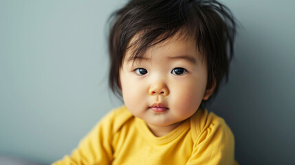 Naklejka premium Adorable Japanese baby with soft black hair wearing a yellow top