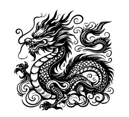 artistic line drawing of a Chinese dragon, showcasing its powerful presence and detailed design black vector