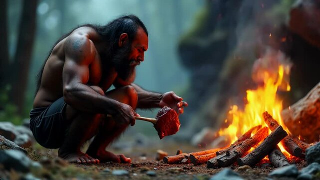 A rugged neanderthal caveman roasts meat over a campfire in a forest setting, highlighting primitive survival skills. His muscular physique and focused expression create an intense and ancient atmosph