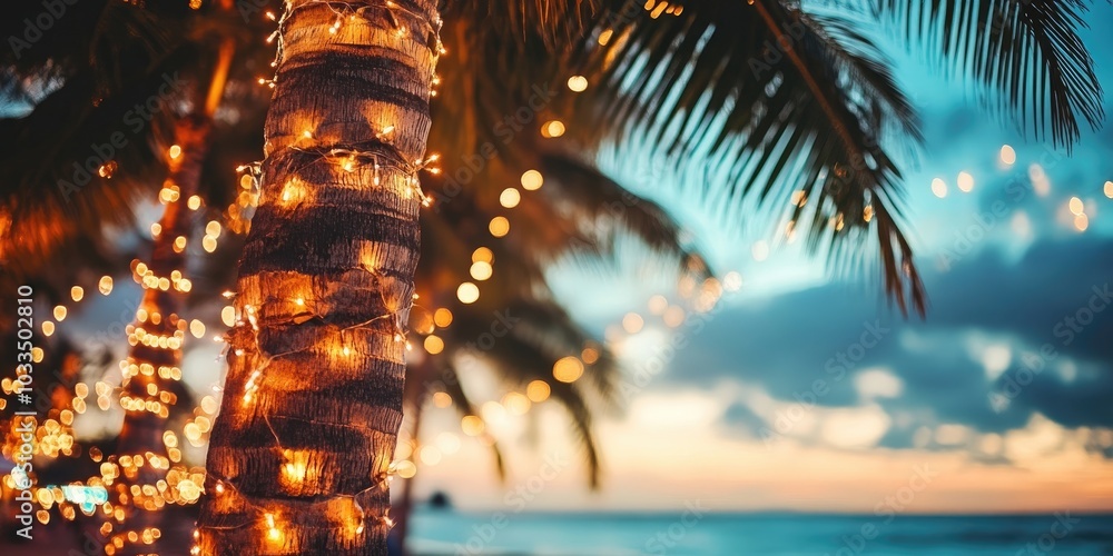 Poster close-up photo of palm trees with copy space evening beach street featuring tall palm trees adorned 
