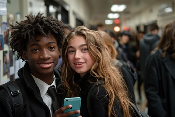 Obraz premium A group of diverse children in a schoolyard taking selfies with their smartphones, symbolizing equality in education and race. This image captures the joyful spirit of youth and inclusivity in a learn