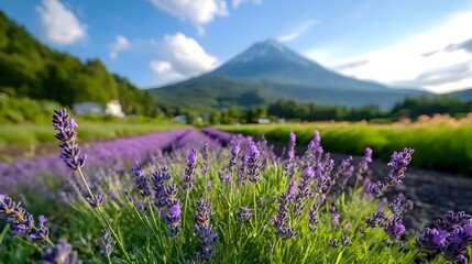 Obraz premium Captivating landscape with a lavender field stretching toward a majestic mountain in the soft ethereal morning light A serene picturesque scene of natural beauty and tranquility