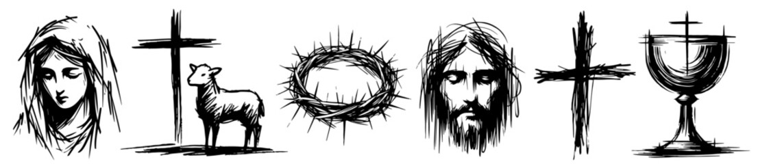 abstract religious symbols reflecting spirituality and faith in black sketch-style vector art