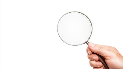 Hand holding a magnifying glass isolated on a white background, symbolizing focus and investigation