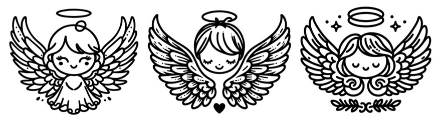 adorable line art depiction of a baby angel playing among clouds, embodying sweetness and purity black vector