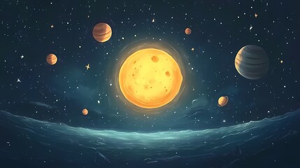 Fototapeta premium Vibrant cosmic scene featuring a bright sun and swirling distant planets.