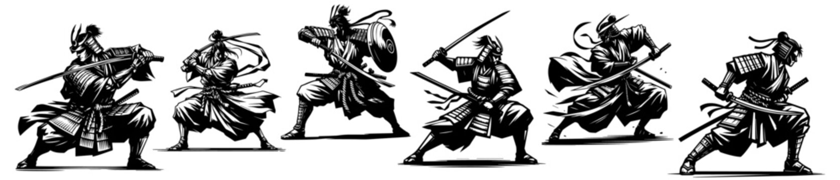 dynamic set of samurai in combat poses black vector design