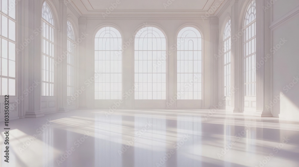 Poster empty white room with large windows and sunlight streaming through.