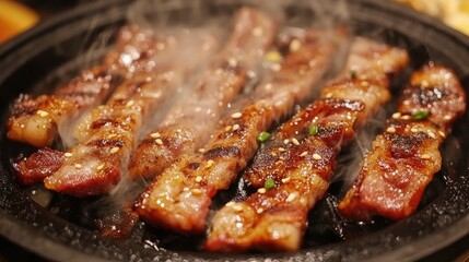 Grilled Meat on Hot Plate with Aroma and Smoke