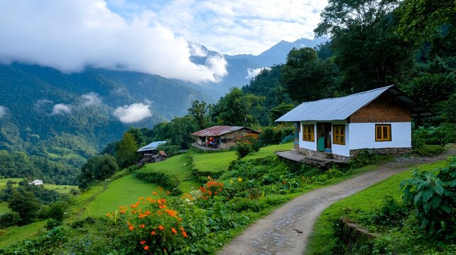 Charming village nestled in a picturesque valley surrounded by a dense forest of tall majestic trees creating a serene and peaceful natural landscape