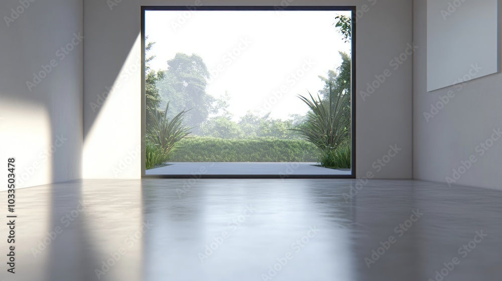 Poster empty modern room with large window and view of green foliage and trees.