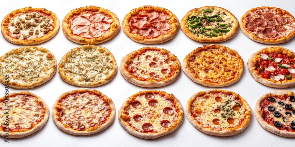 Poster assorted pizzas isolated on a white background.