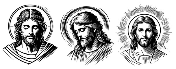 sacred jesus christ face illustrations in a black and white hand-drawn style