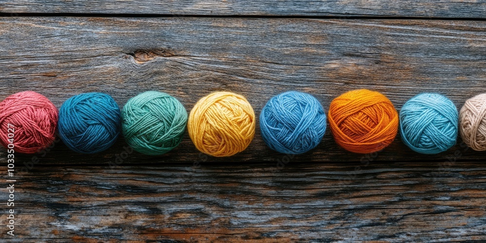 Poster balls of yarn arranged in a line, on a background of a weathered wooden table
