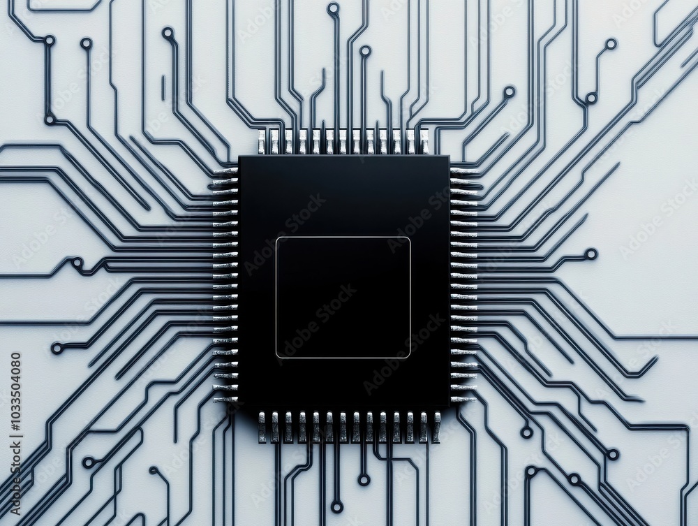 Poster a close-up of a black microchip on a circuit board, showcasing intricate connections and electronic 