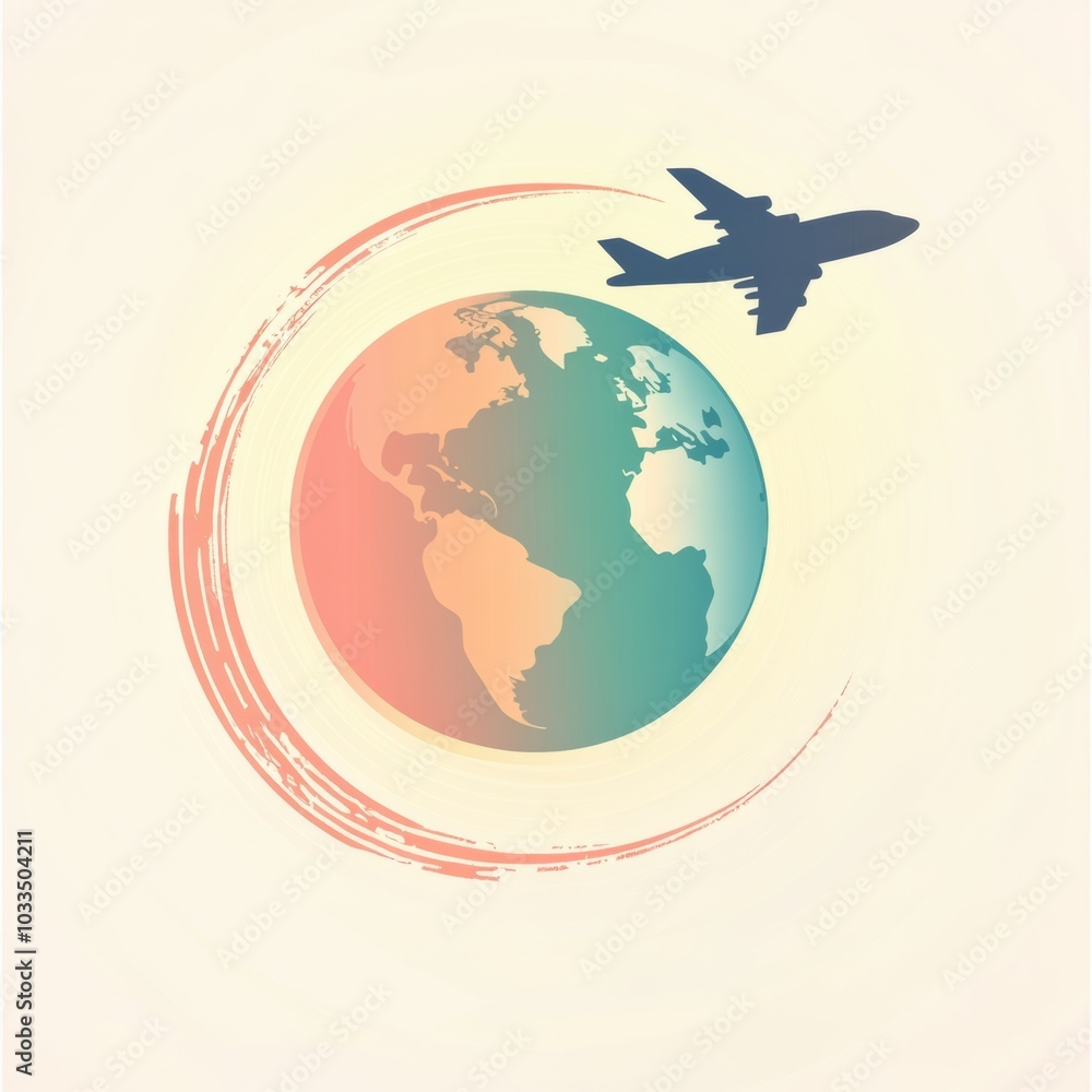 Poster an airplane departs from a vibrant globe, creating a colorful trail that embodies the excitement of 