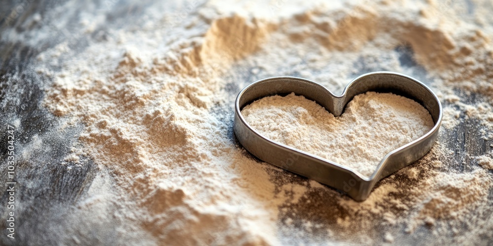 Poster heart-shaped cookie cutter on the kitchen table with flour. flat lay. copy space.