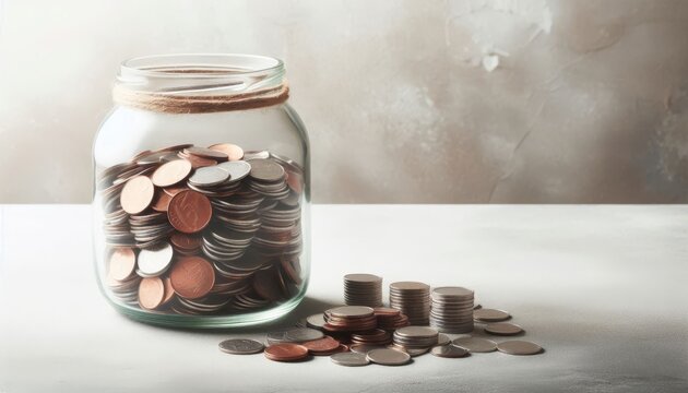 Glass jar filled with coins on a table, with additional coins stacked beside it. Savings and financial planning concept in a minimalist composition