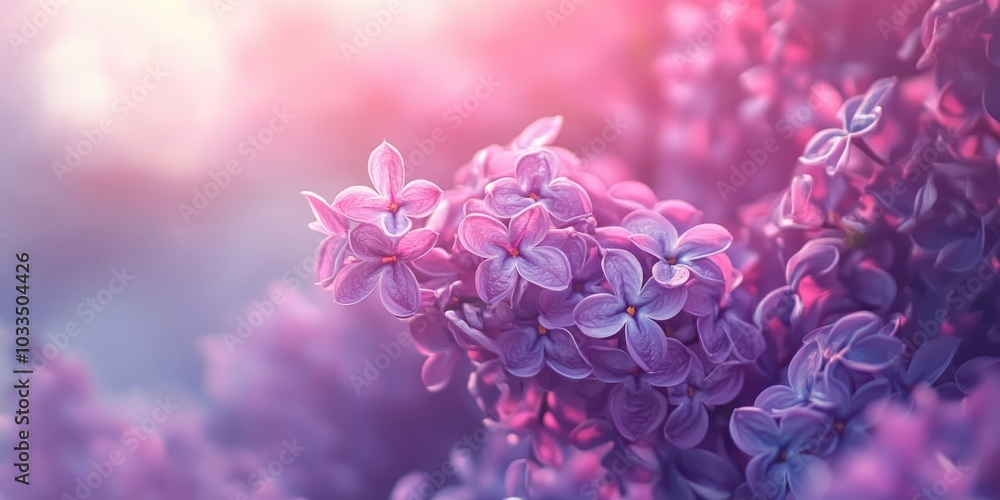 Poster spring landscape featuring a cluster of violet flowers. close-up of a blooming syringa lilac bush. b