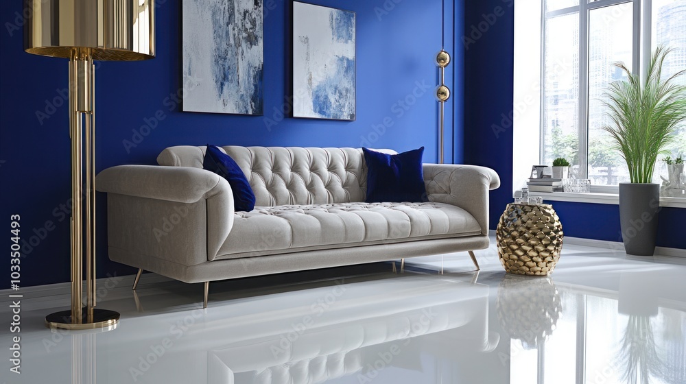 Wall mural a living room interior design with a white sofa, two blue abstract paintings, golden floor lamp, and