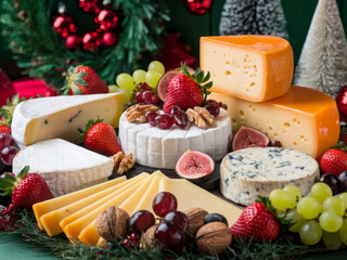 Festive cheese platter with fruits and nuts for holiday celebrations