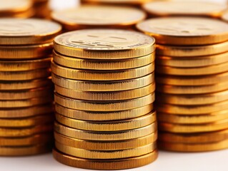 A close-up of golden coins stacked in neat rows, symbolizing wealth, finance, and investment opportunities.