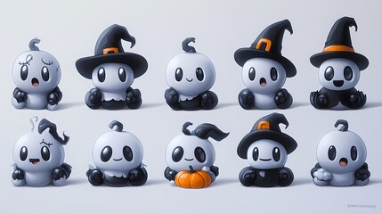 Obraz premium Cute cartoon ghosts dressed for Halloween, showcasing playful expressions and accessories.