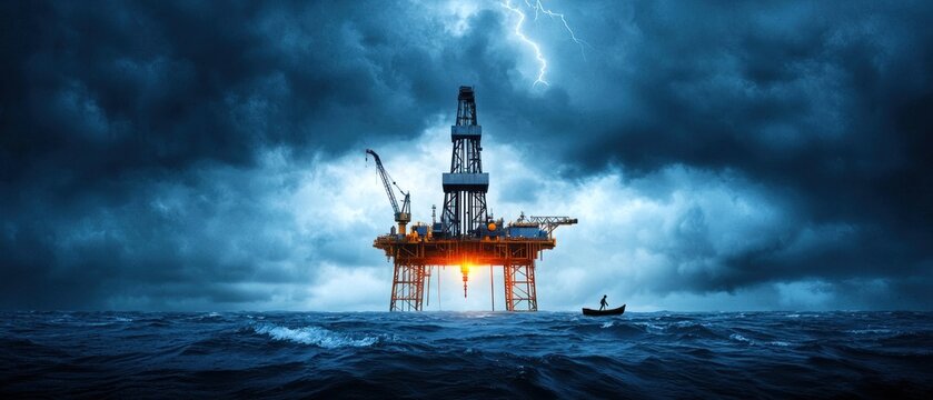 A hauntingly atmospheric oil rig amidst stormy seas and dark skies with striking lightning in quality