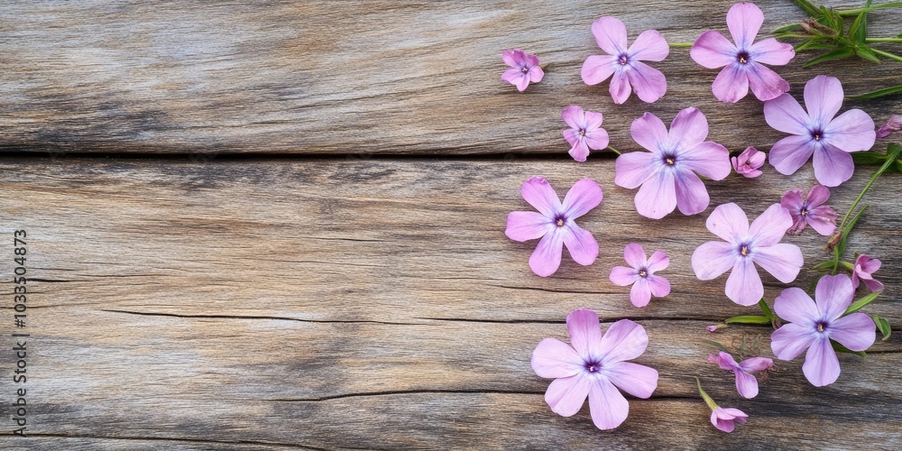 Aufkleber phlox subulata on a wooden surface with copy space.