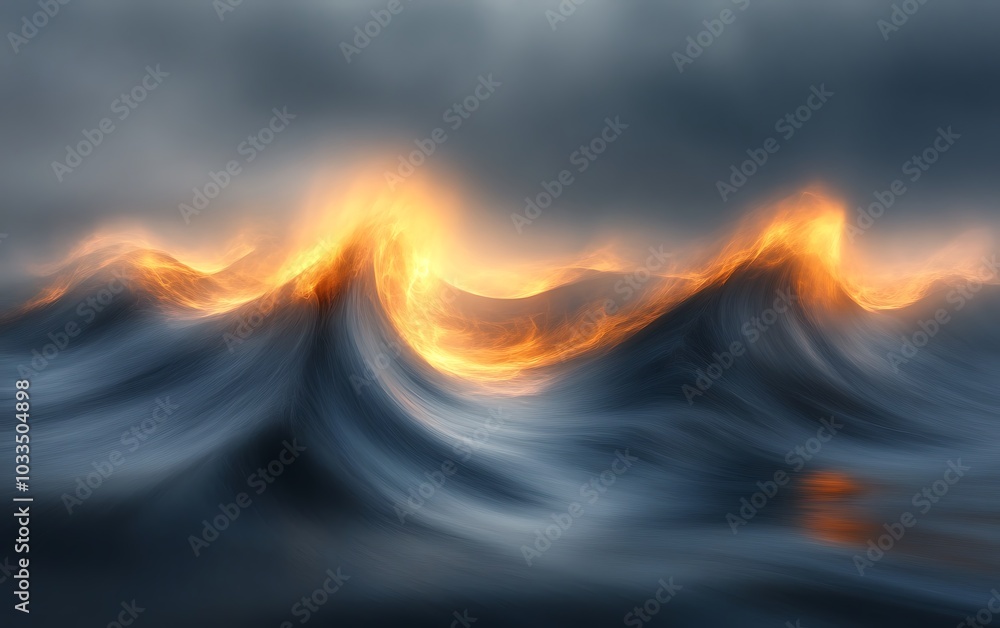 Poster a surreal depiction of waves illuminated by fiery hues, creating a dramatic contrast between water a